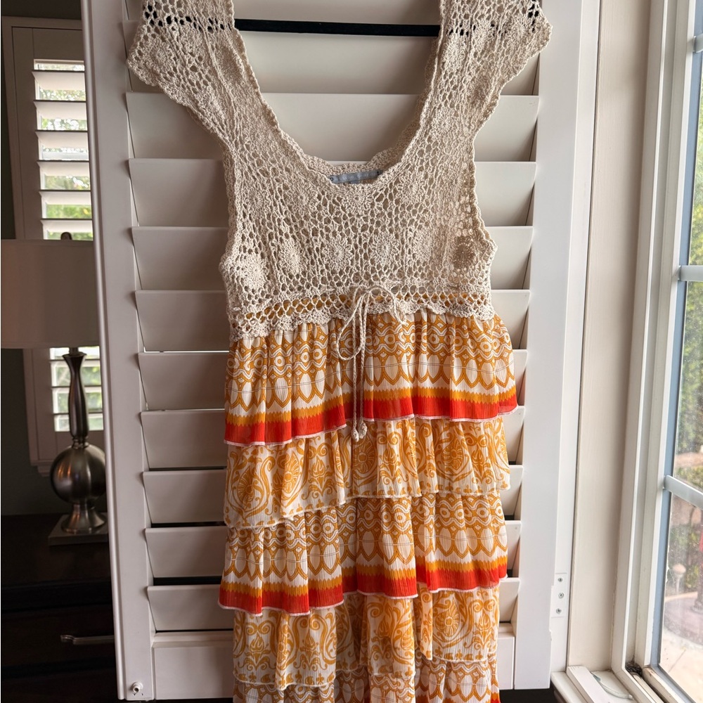 Bohemian Crochet Summer Dress - Cream and Orange